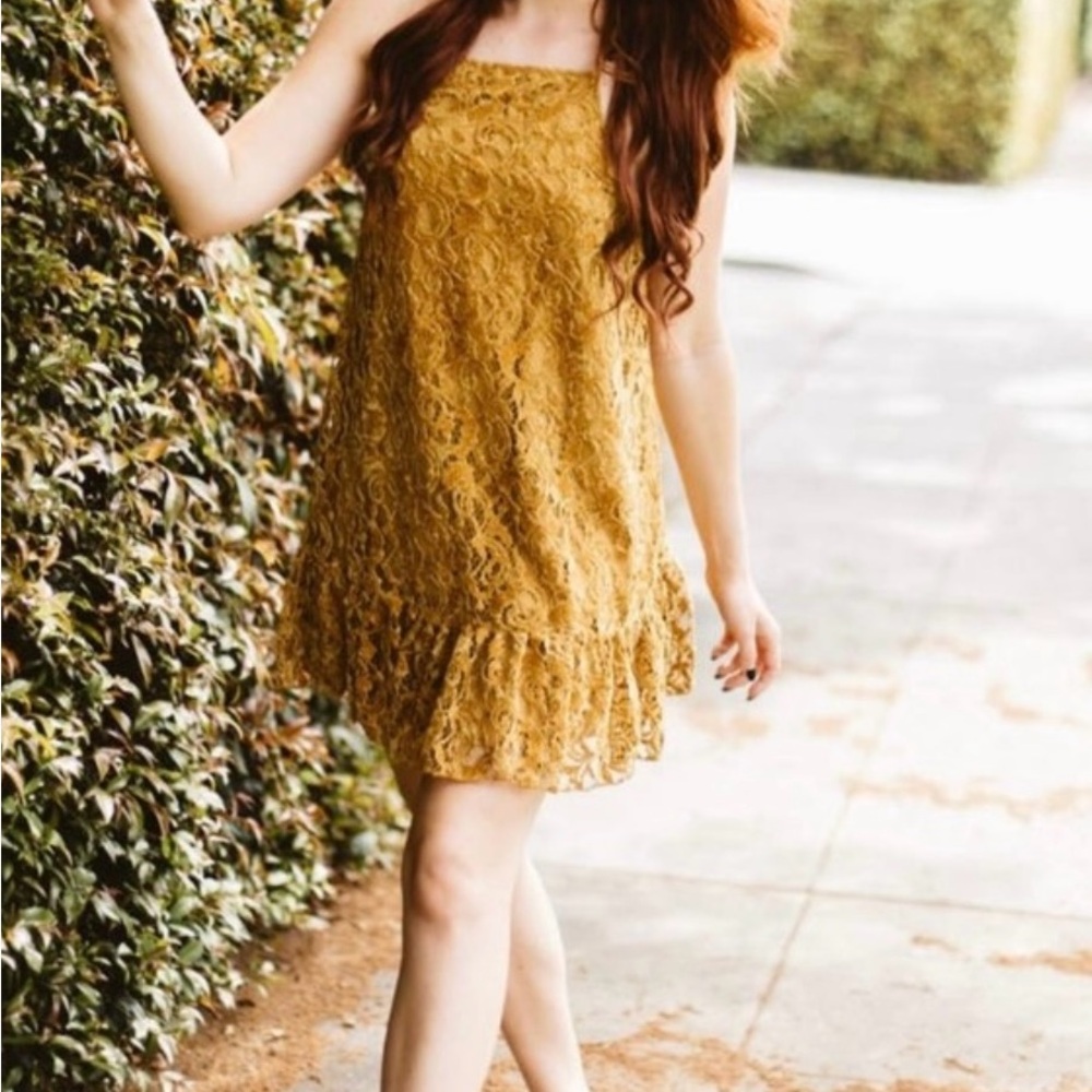 Free People Mustard Velvet Lace Dress